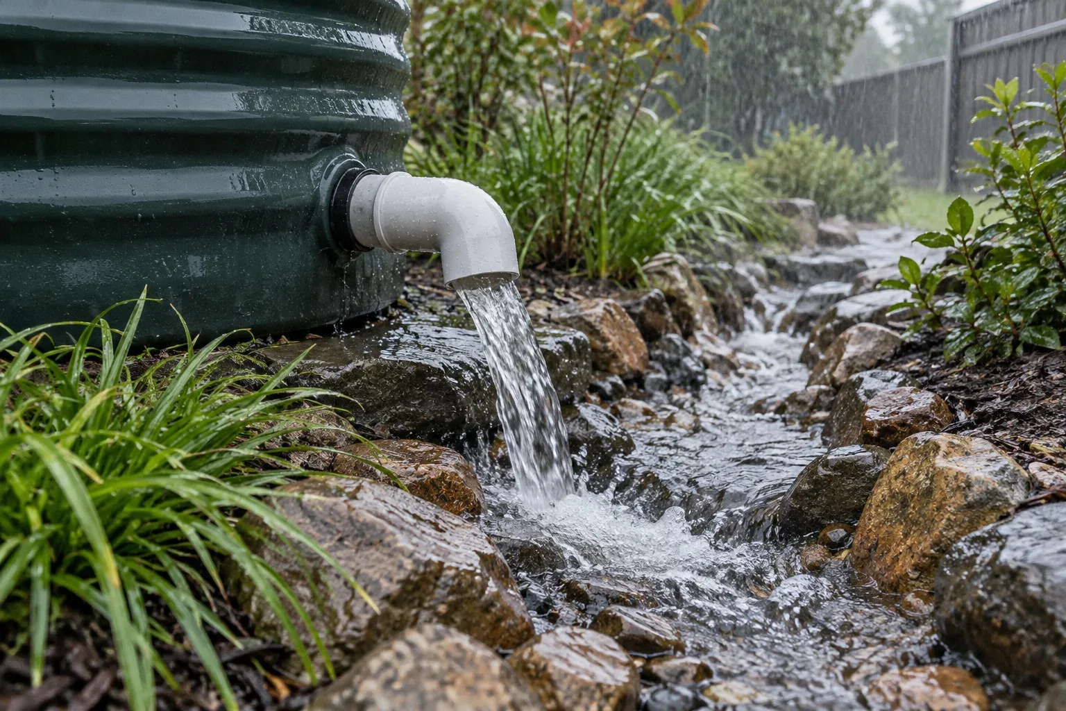 Water from a tank overflow flowing into a stone-lined channel