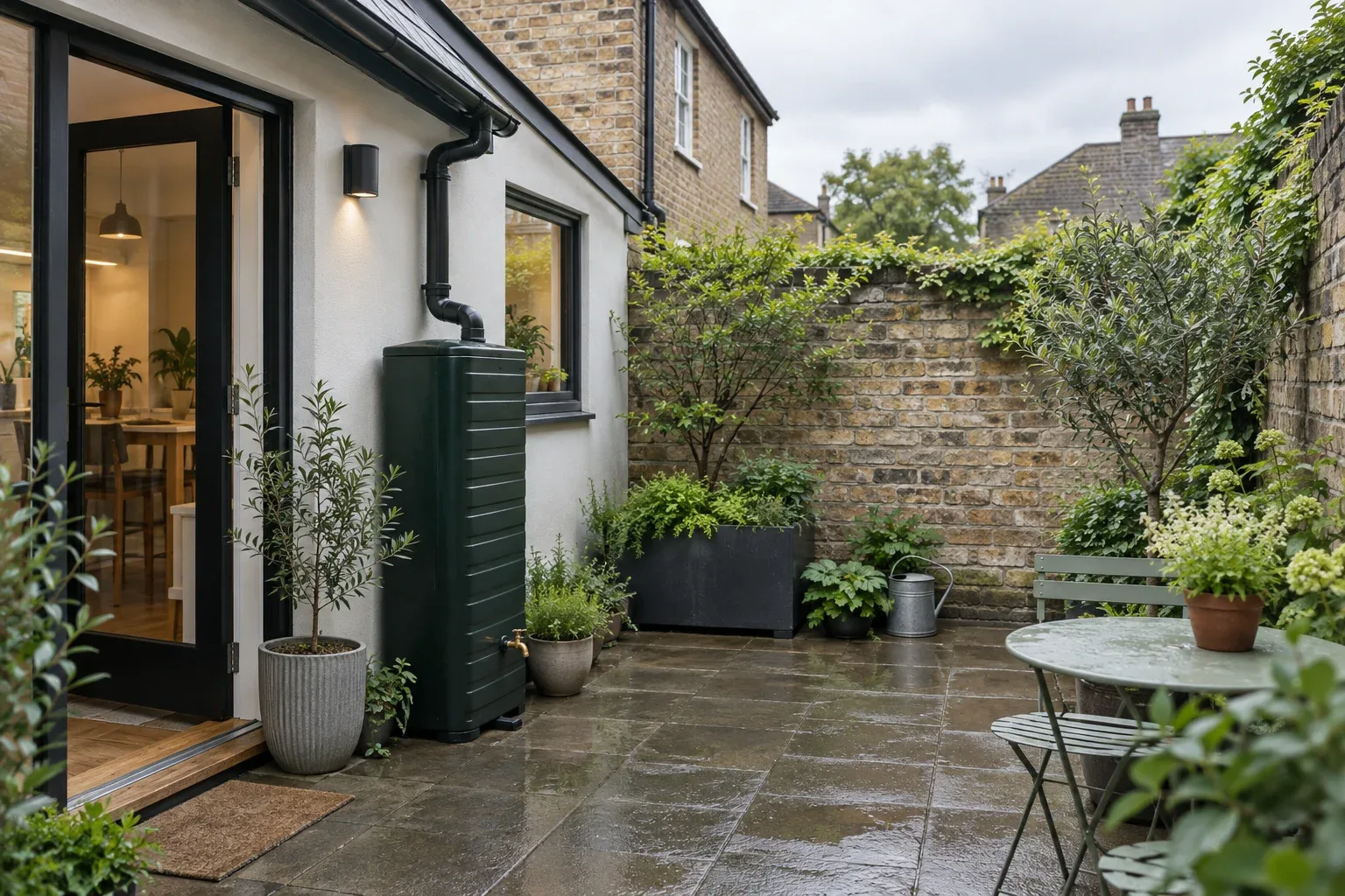 Slim rainwater tank in a small townhouse courtyard