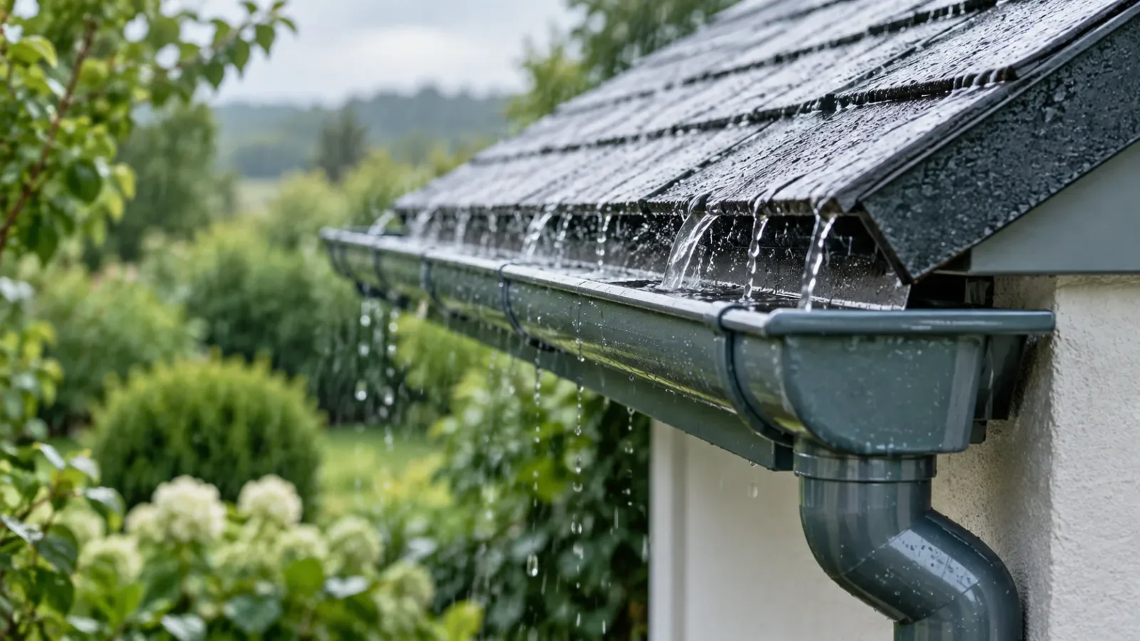 Rain running from a tiled roof into a metal gutter