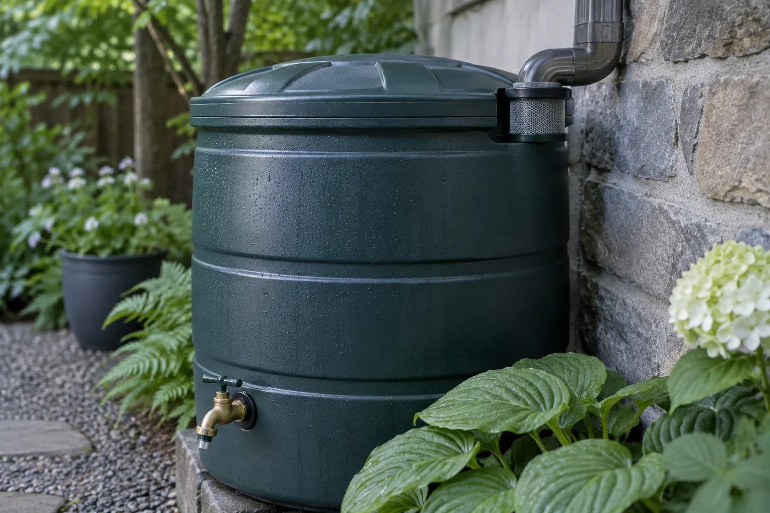 Closed rainwater container in a cool shaded garden corner