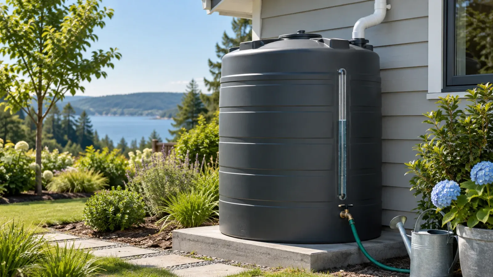 Closed rainwater tank with outlet and level indicator