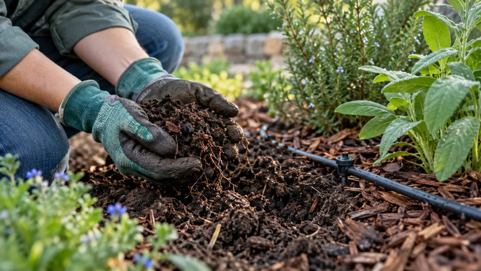 Gloved hands examining garden soil beside a drip line