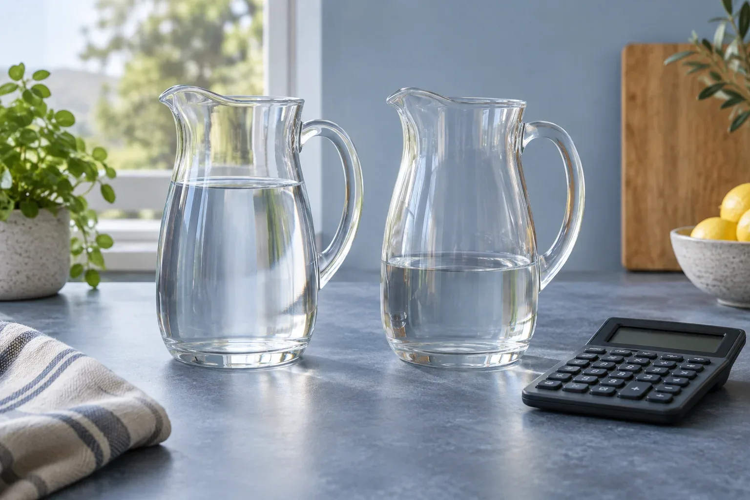 Zwei Krüge mit unterschiedlichen Wassermengen neben einem Taschenrechner