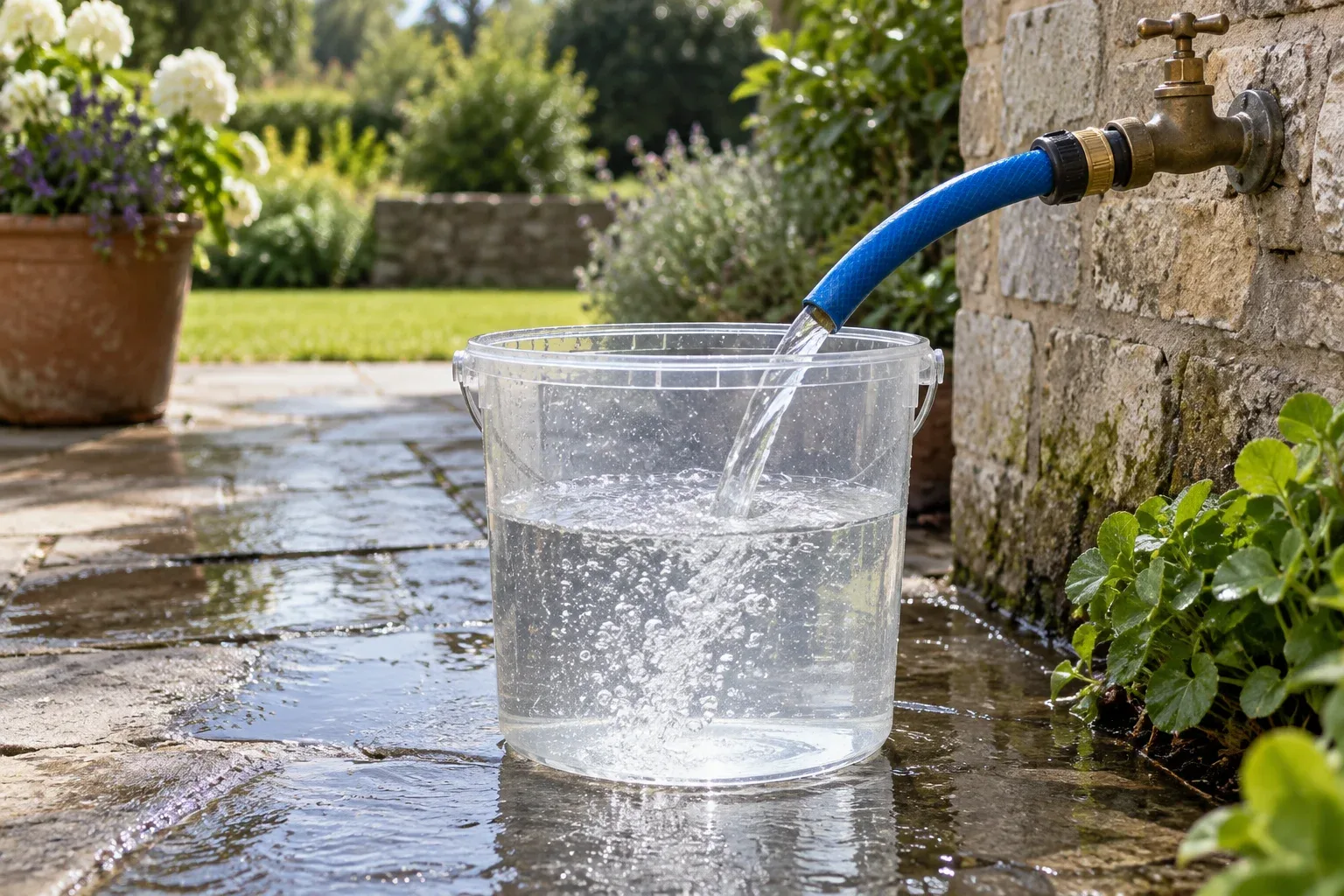 Garden hose filling a transparent bucket