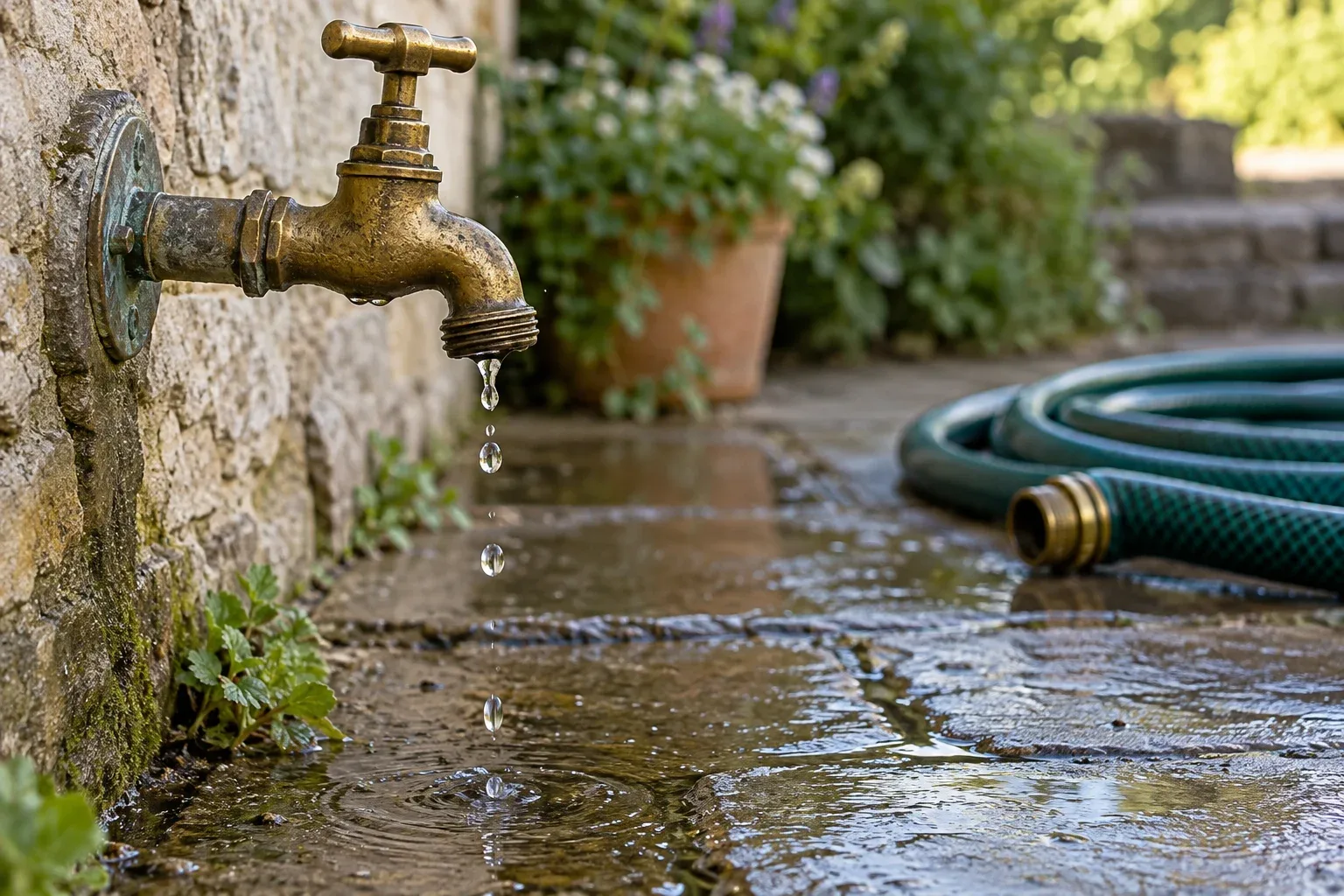 Undichter Außenwasserhahn tropft auf nasses Pflaster