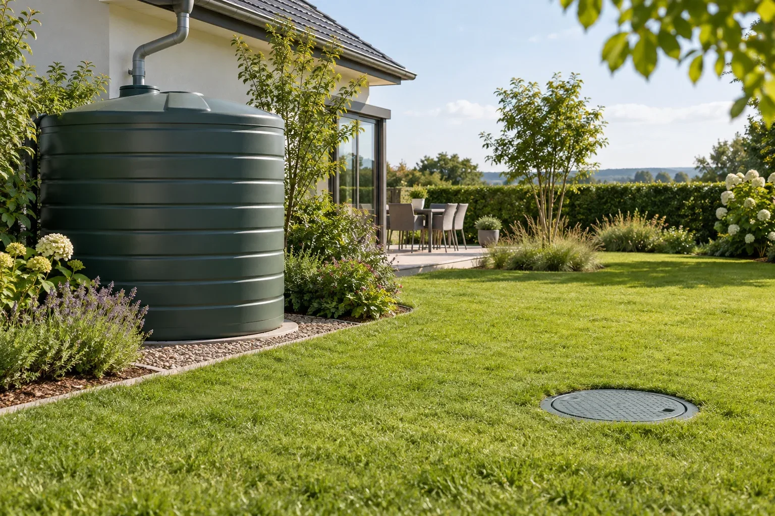 Above-ground tank and underground tank inspection lid in a garden