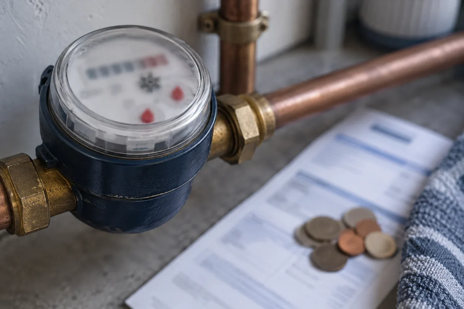 Hauswasserzähler neben einer Rechnung und Münzen